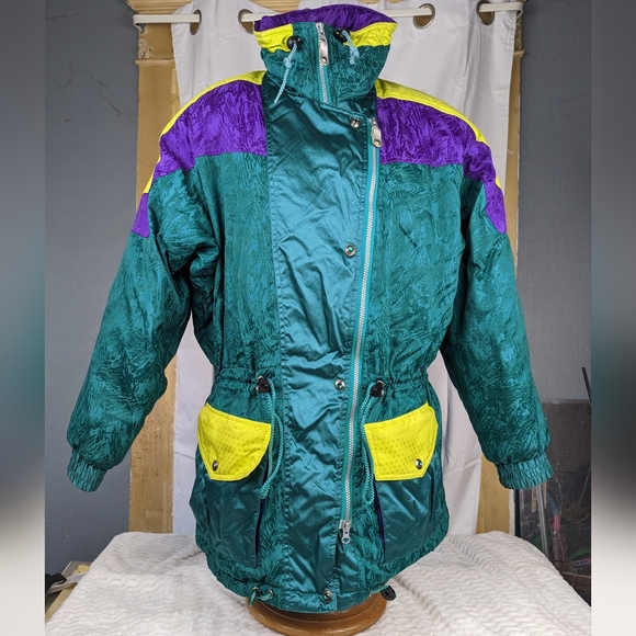 Vintage 1980s Obermeyer Gallery Down Ski Snowboard Parka Jacket Purple & Green - Picture 1 of 16